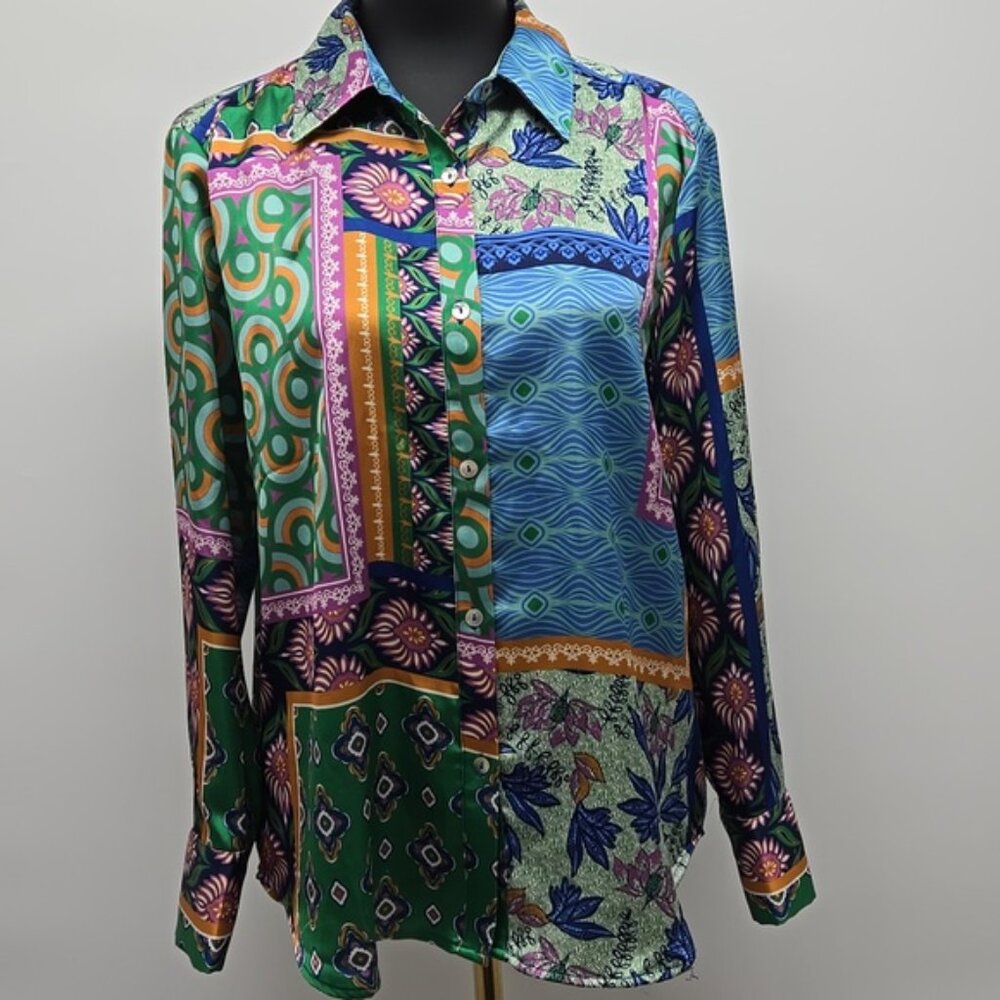 Rachel Zoe Green and Blue Casual Button Down Shirt Button Front Size Medium - Picture 2 of 11